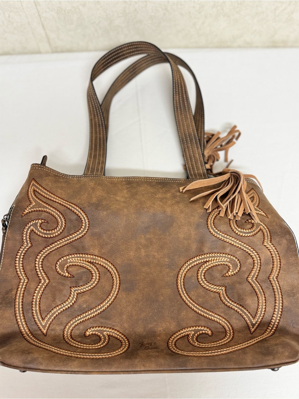 Tony Lama Distressed Brown Leather Shoulder Tote with Tassel